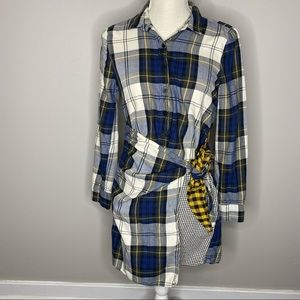 Zara Trafaluc Blue Yellow Black Plaid Button Up Shirt Dress with Tie Size Small